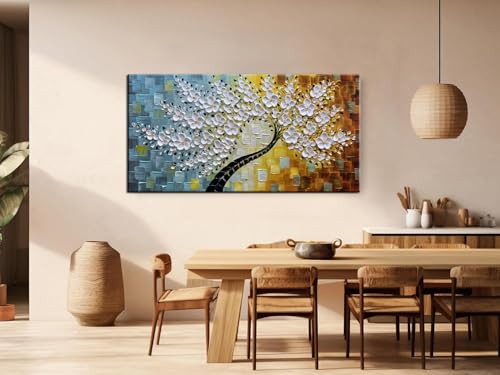 YaSheng Art -100% HandPainted Oil Painting On Canvas Texture White 3D Flower Tree Paintings Abstract Canvas Wall Art Home Bedroom Dining Room Living Room Modern Wall Decor Art Ready to hang 24x48inch - Thumbnail 7
