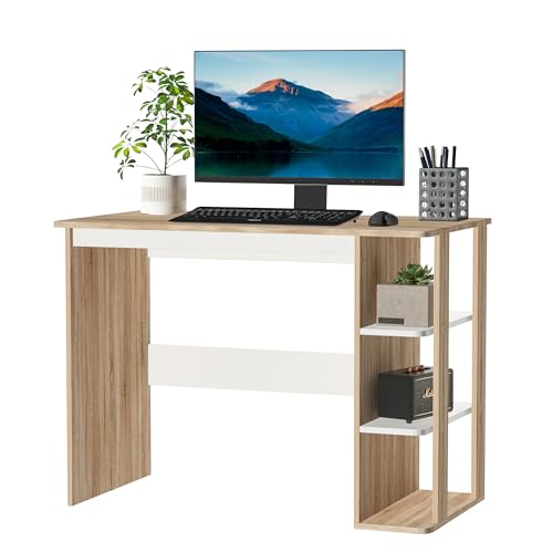 HOMCOM Computer Desk, Writing Desk with 3-Tier Storage Shelf, Work Table for Home Office, Study, Living Room, Oak and White
