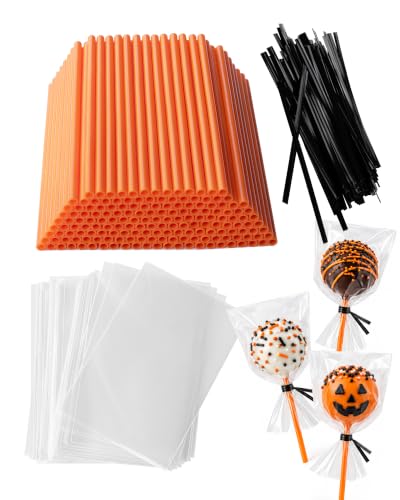 300pcs CHELIZIYA 4-inch Orange Cake Pop Sticks and Wrappers & Black Ties | Plastic Lollipop Sticks for Halloween Candy, Chocolate, Cakepop Accessories including 100 3.5mm Sticks, 100 Bags, 100 Ties