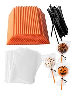 300pcs Orange Cake Pop Sticks and Wrappers with Black Ties