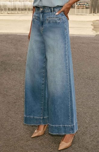 loveimgs Women Casual Baggy Straight Wide Leg Denim Pants Flare Jeans High Waisted Palazzo Jean Pants Pockets Cowgirl3