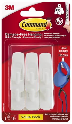 Command Small Utility Hook, Pack of 6 Hooks and 12 Adhesive Strips, White - Damage Free Hanging - Holds up to 450g