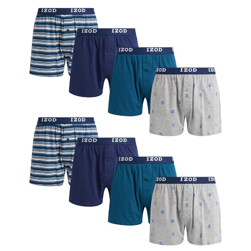 IZOD Mens Underwear Boxer Shorts - 8 Pack Soft Performance Knit 4 Inseam Relaxed Fit Cotton Boxers for Men with Button Fly Size Large Blue/Blue Print/Medieval Blue/Heather Grey Print