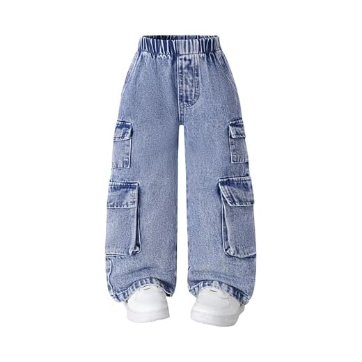Verdusa Calça jeans cargo masculina cintura elástica perna larga bolso com aba casual solta, Lavagem média, 5 Anos