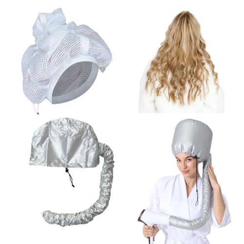 KONFEN 2-in-1 Haube Haartrockner, Netz Plopping Cap für Lockiges Haar, Upgraded Trocknen Kappen, Mesh Duschkappen Set für Haarpflege (Silver+White)