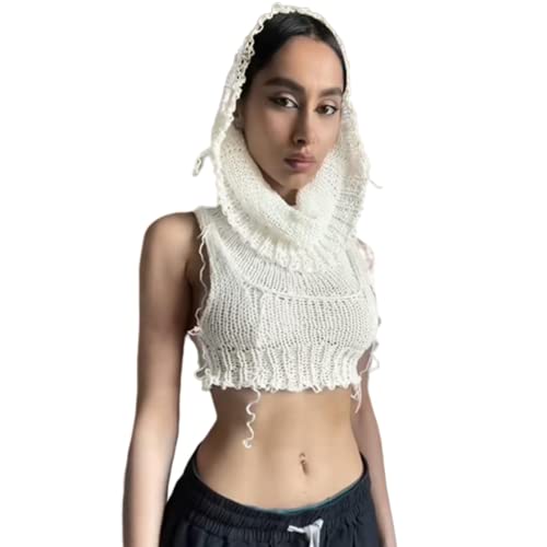 Image of Women Knitted Hoodie Sweater Vest Sexy Sleeveless Hollow Out Hooded Crop Top Streetwear Rave Oufit