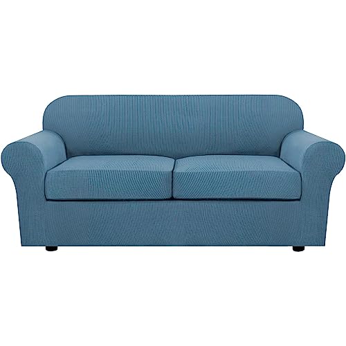 H.VERSAILTEX 3 Piece Stretch Sofa Covers for 2 Cushion Sofa Couch Covers for Living Room Furniture Cover (Base Cover Plus 2 Seat Cushion Covers) Thicker Jacquard Fabric(Large Sofa, Dusty Blu