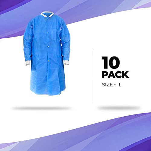 Amz Medical Supply Disposable Lab Coats For Adults Large, Blue Medical Disposable Clothing 10 Pack, Splash-Proof Sms 40 Gsm Lab Coats Disposable With Long Sleeves, Knit Collar, Cuffs, 3 Pockets #TOP1