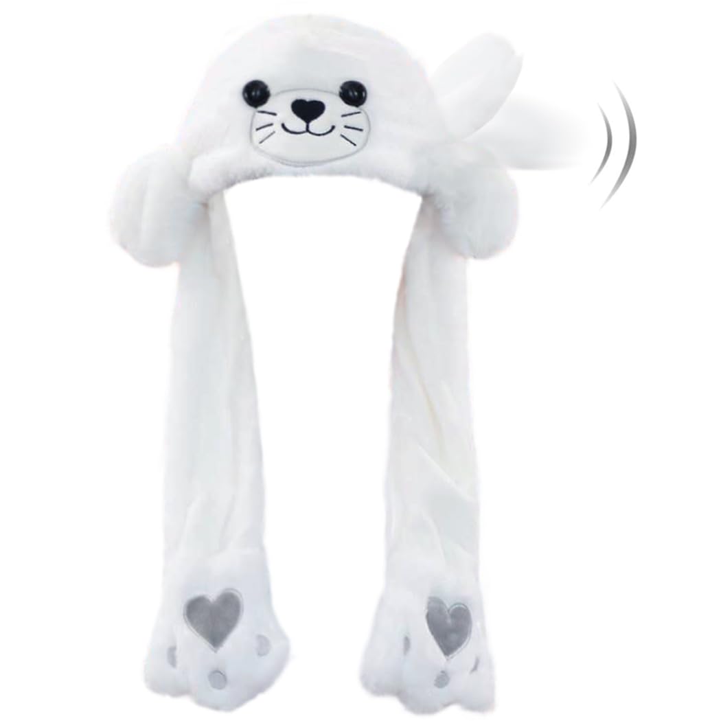 Hpfulseazn Ear Moving Jumping Warm Plush Animal Hats Movable Dancing Ear Flap Hat Earflaps Movable Fluffy Cap(Sea lion)