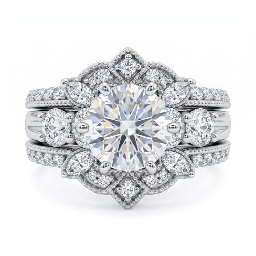 Lab Grown Diamond Wedding Engagement Ring Set For Women 1 to 3 Carat IGI Certified Diamond Bridal Set Rings 10K 14K 18K Solid Gold Diamond Wedding Ring Set For Her A
