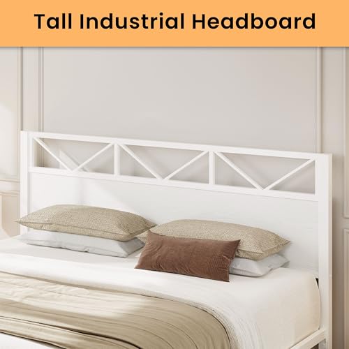 Image of LIKIMIO King Size Bed Frame, Tall Modern Headboard 51.2 inch, Platform Bed Frame with Strong Metal Support, Solid and Stable, Noise Free, No Box Spring Needed, Easy Assembly, White