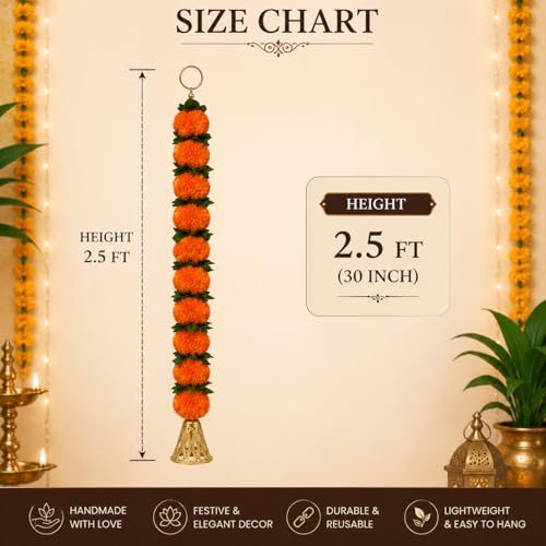 Image of Bindian Artificial Marigold Flower Toran 2.5 Ft Orange with Leaf & Bells | Decorative Bandanwar for Diwali, Pooja, Wedding, Festival, Home Entrance & Wall Decoration (Pack of 5)