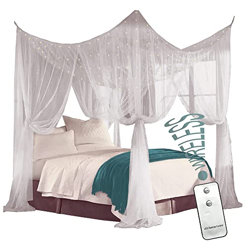 Just Relax Four Corner Post Decorative Bed Canopy Net Set With Led Lights & Remote, Use Post Bed Or Without, Includes Mounting Hardware & Batteries, Full/Queen/King Beds, White, 86.6X78.7X98.4 Inches #TOP9