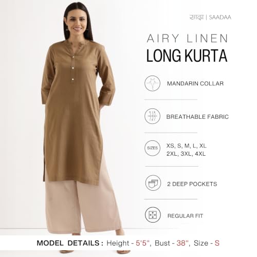 Image of SAADAA Women's Linen Straight Fit Straight Long Kurta Airy Plain Kurta, 3 /4 Sleeve, Knee Length Kurtis with Pockets, Casual and Office Wear