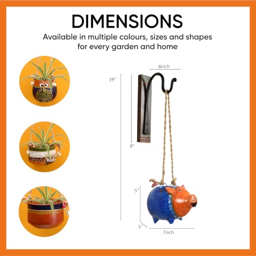 Image of AAKRITI ART CREATIONS Wall Hanging Planter with Hook | Blue Pig Design, Modern Art, Matte Finish | Metal, Terracotta & Wood | Decorative Hanging Pot for Indoor & Outdoor Home Decor