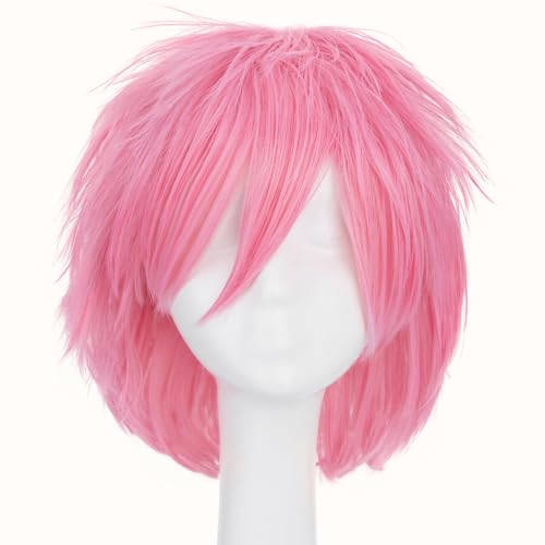 Image of S-noilite Unisex Short Dark Pink Wig Women Mens' Anime Cosplay Wig Straight Shaggy Spiky Pixie Wigs Heat Resistant Syntehtic Hair for Halloween Comic-cons Costume Party
