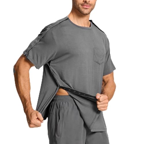 Post Shoulder Chirurgie Shirts Herren Kurzarm Shirt mit Premium Snap Chemo-Kleidung Rotatorenmanschette Kleidung nach Operationen, GRAU, Mittel