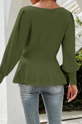 Image of Womens Fall Puff Sleeve Peplum Casual Slim Fit Knit Pullover Sweater Jumper Tops