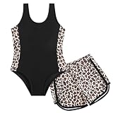 Generisch Badeanzug Zweiteiler mit Shorts Tanktop seitliches Leopardenmuster locker geschnitten elastischer Bund atmungsaktives Material für ideal Schwimmen Spielen für den Alltag (Black, 6-7 Years)
