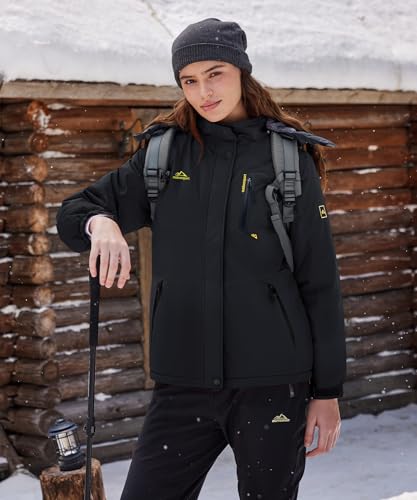 TACVASEN Damen Winterjacke Wasserdicht Skijacke Fleece Gefüttert Warm Funktionsjacke mit Abnehmbarer Kapuze, Schwarz, L