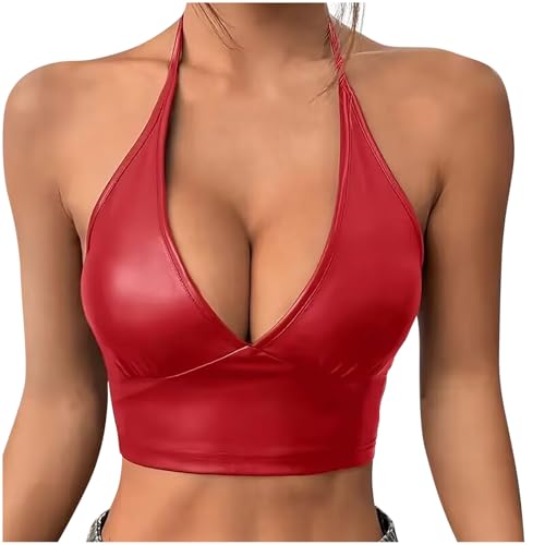 Women's Patent Leather Halter Top Backless Bustier Top Sexy Going Out Crop Tank Halter Neck Fashion Party Clubwear Red Large