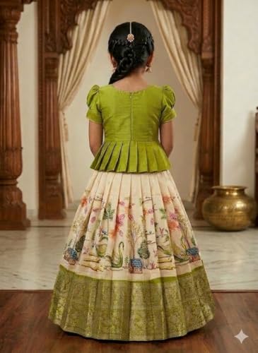 Image of White Button Girls' Ethnic Peplum Top and Jacquard Langa Voni type Lehenga Choli Set- Traditional Outfit