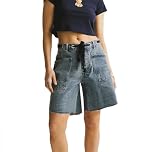 SANSIWU Women’s Bermuda Denim Shorts Y2k Solid Color High Waist Loose Fit Knee Length Jean Shorts Going Out Trousers Pants Streetwear (E-01, S)