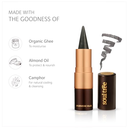 Image of SoulTree Ayurvedic Kajal | Grey Glow Kajal 004 | Grey Shade | Enriched with 100% Organic Ghee, Almond Oil & Camphor | Soothe, Cool & Nourish Eyes | 3gm