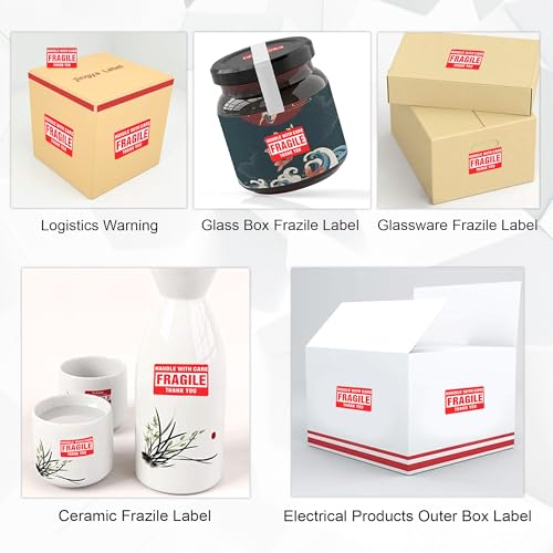 Image of GLUN Fragile Stickers Roll 60x40 mm, Paper Care Warning Stickers 300 Labels, Strong Adhesive Red Fragile Labels with for Shipping Packing of Goods and Moving