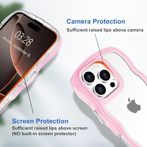 Image of GoldKart iPhone 16 Pro Max Case Wavy Edge Clear Back Design, Anti-Slip Grip Cute Wave Curly Frame Shape Shockproof Soft TPU & Hard PC Bumper Protective Phone Case Cover for Women Girls - Pink