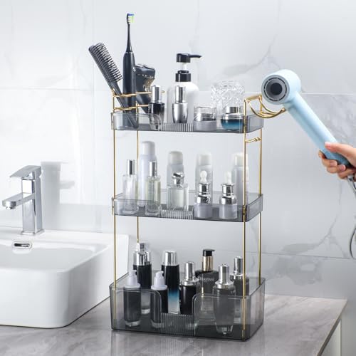 Image of Akinbas 3 Tier Bathroom Organizer Countertop Makeup Perfume Tray Skincare Organizer Comes with Hair Dryer Rack and Toothbrush Holder for Bathroom Dresser Vanity (Grey)