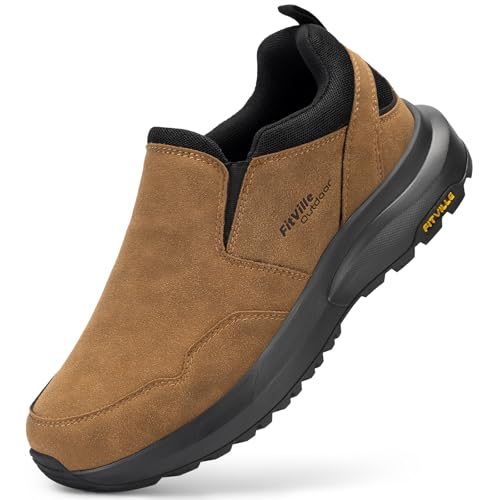 FitVille Slip On Wanderschuhe Herren Extra Breit Trekkingschuhe rutschfeste Outdoor Schuhe Atmungsaktiv Freizeitschuhe Leichte Walkingschuhe Dünenbraun 46 EU X-Weit