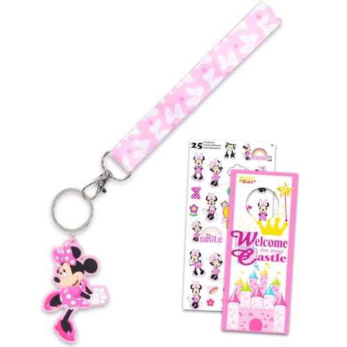Minnie Mouse Keychain Bundle ~ Deluxe Silicone 3D Character Minnie Mouse Keyring with Strap and Charm Plus Stickers, More | Minnie Mouse Wrist Lanyard and Keychain