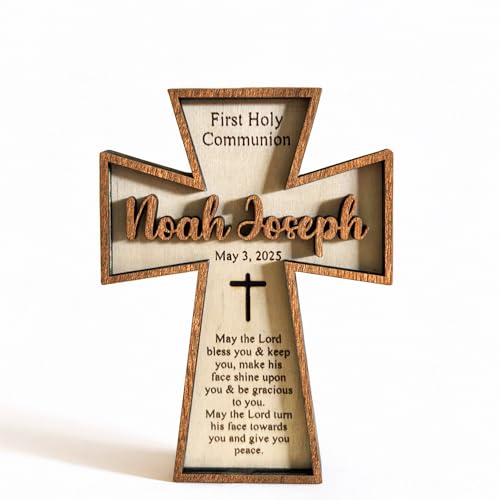 6"x 4.3" Personalized Wooden Cross Plaque with Name, Event, Date & Prayer – Custom Religious Keepsake for First Communion, Baptism, Confirmation – Engraved Christian Gift for Boys & Girls