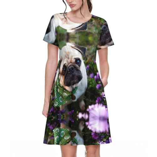 YUBVCF Pugs in The Garden - Vestido casual de verano para mujer, para picnic, vacaciones, manga corta, vestido de vuelo S-3XL, Negro, XXL