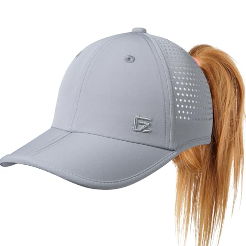 GADIEMKENSD Chapeau de sport pour femme avec grand trou pour queue de cheval, casquette de baseball pour la course avec trou pour queue de cheval, design non structuré, pliable, léger, respirant, gris