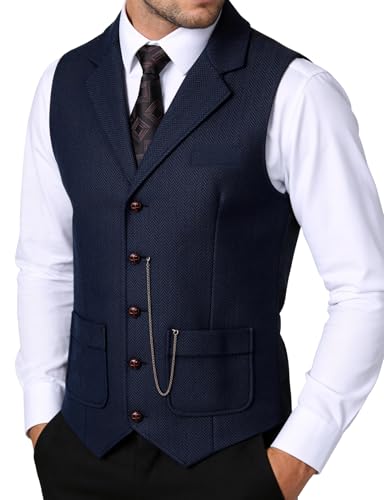 JEMITOP Mens Vintage Slim Fit Suit Vest Formal Prom Party Business Tuxedo Dress Vest Waistcoat with Chain Detail Navy Blue L