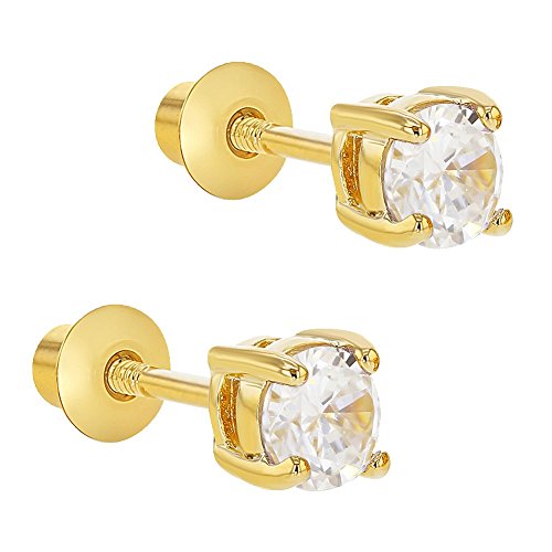 Gold Plated Clear Cubic Zirconia April Prong Set Screw Back Earrings for Kids & Teens - Beautiful and Stylish Prong Set Clear CZ Safety Screw Back Earrings for Little Girls2