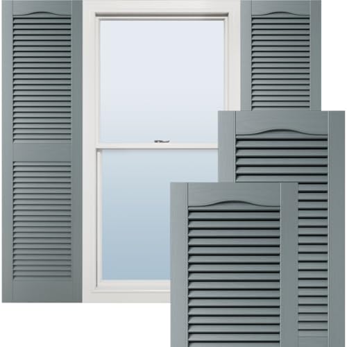Lifetime Vinyl Shutter Pair - Cathedral Top, Center Mullion, Open Louvers, Storm Cloud
