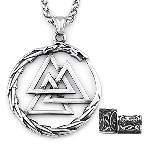 Gungneer Odin Valknut Pendant Necklace Norse Pagan Jewelry Stainless Steel Viking Jewelry Men, Viking Beard Beads Gift