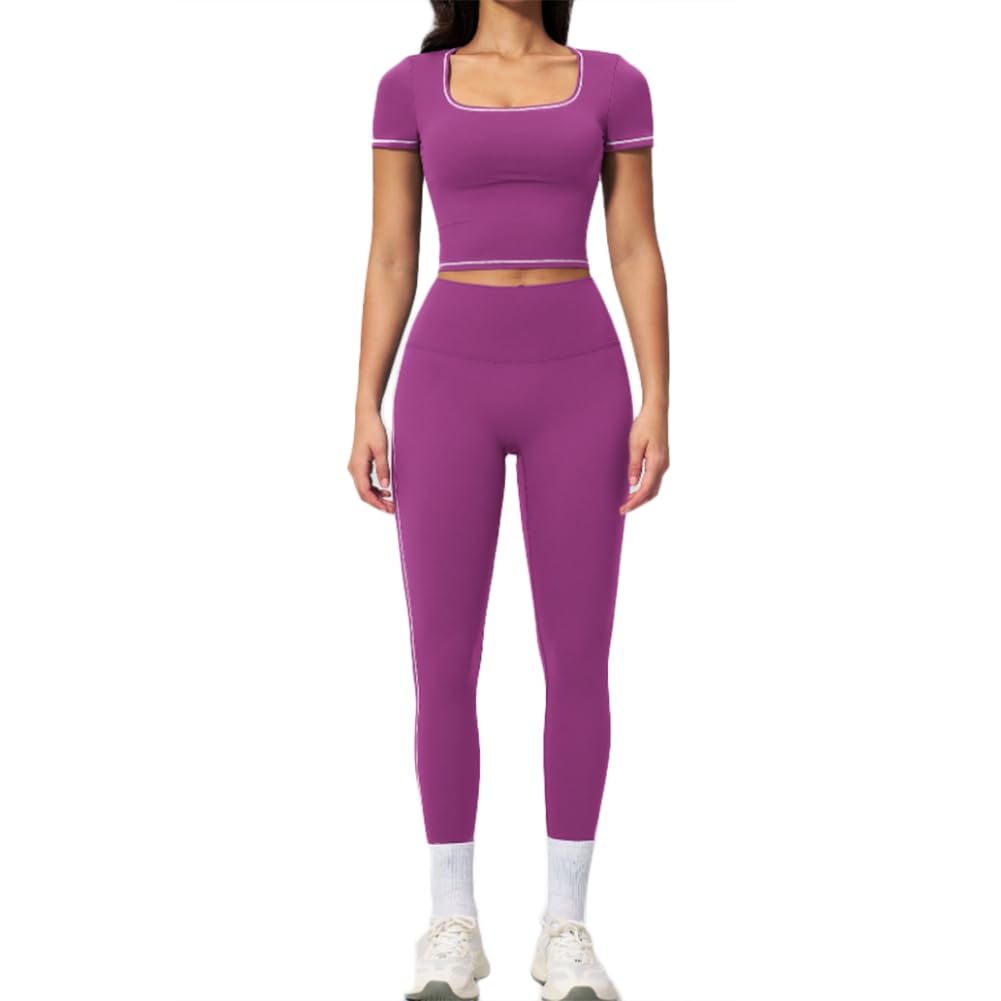 JPXJGT Women Yoga Set Tank Top and Wide Leg Pants Quick Dry V Neck Backless Sports Bra Workout Gym Fitness Two Piece Activewear(Size:M,Color:Purple)