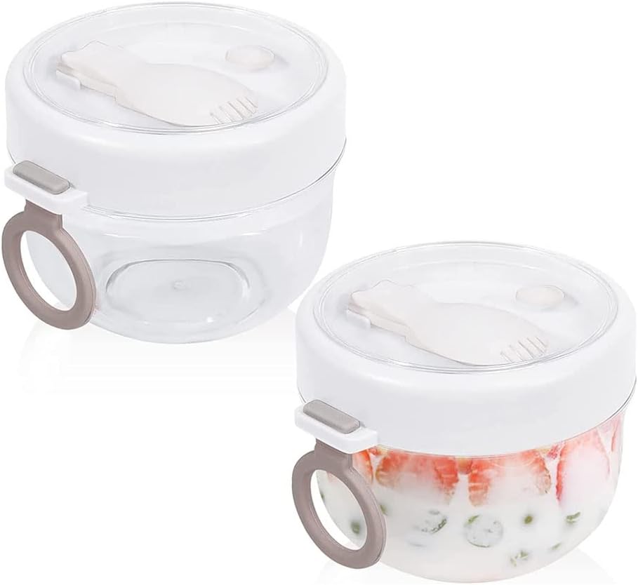 Overnight Oat Containers with Lid and Spoons 2 PCS, 20Oz Portable Plastic Yogurt Jars, Leakproof Dessert Cups White