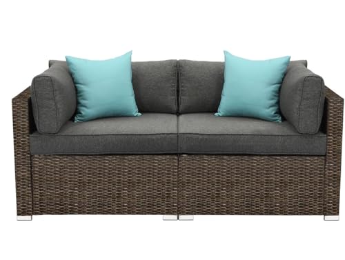 COSIEST 2-Piece Outdoor Furniture Loveseat Brown Wicker Sectional Sofa Set w Grey Thick Cushions, 2 Pillows for Garden, Pool, Backyard