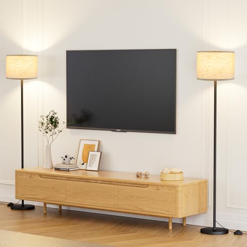 Image of Ambimall 60'' Modern Floor Lamp Set of 2, 2PK Tall Lamps for Living Room Bedroom, Beige Shade with Black Pole(Without Bulb)