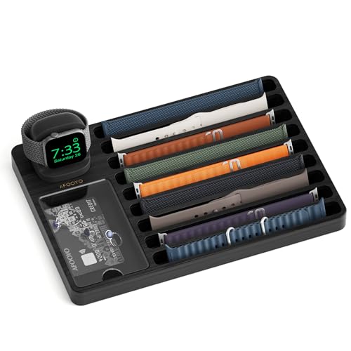 AFOOYO Black iWatch Bands Organizer - Charger Stand Compatible with All Apple Watch Series and Watch Bands Display Watch Storage Case Tray with Acrylic Top Lid(Black)