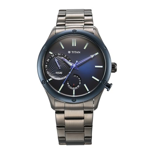 Titan Stellar Quartz Multifunction Blue Dial Anthracite Stainless Steel Strap Watch for Men - NT10009KM01