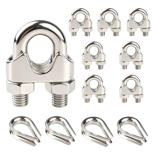 VAMUOEFL 8 Pcs M6 Wire Rope Clips Cable Clamps 4 Pcs 1/4” Wire Rope Thimble 304 Stainless Steel U Bolt Saddle Fastener