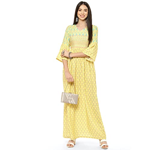 Image of Rangriti Yellow Viscose Flared Dress for Women