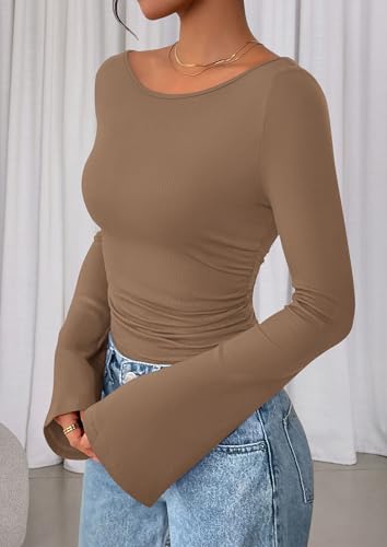 Image of PRETTYGARDEN Women Long Sleeve Shirt 2025 Crop Casual Boat Neck Bell Sleeve Ribbed Ruched Y2K Clothing