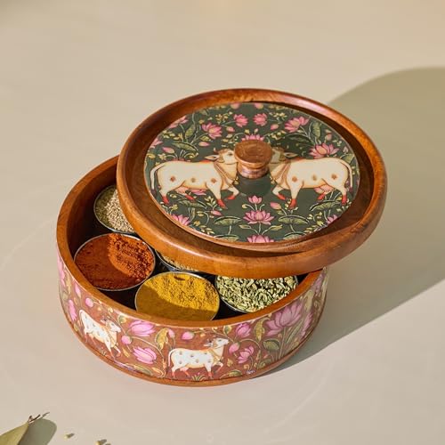 Image of Brick Brown Vana Wooden Masala Box with Lid | Pichwai Meena Embossed Spice Box Organizer | Handcrafted Masala Dani with 7 Steel Containers & Wooden Spoon | Spice Storage for Kitchen (8.3x4.3 Inch)